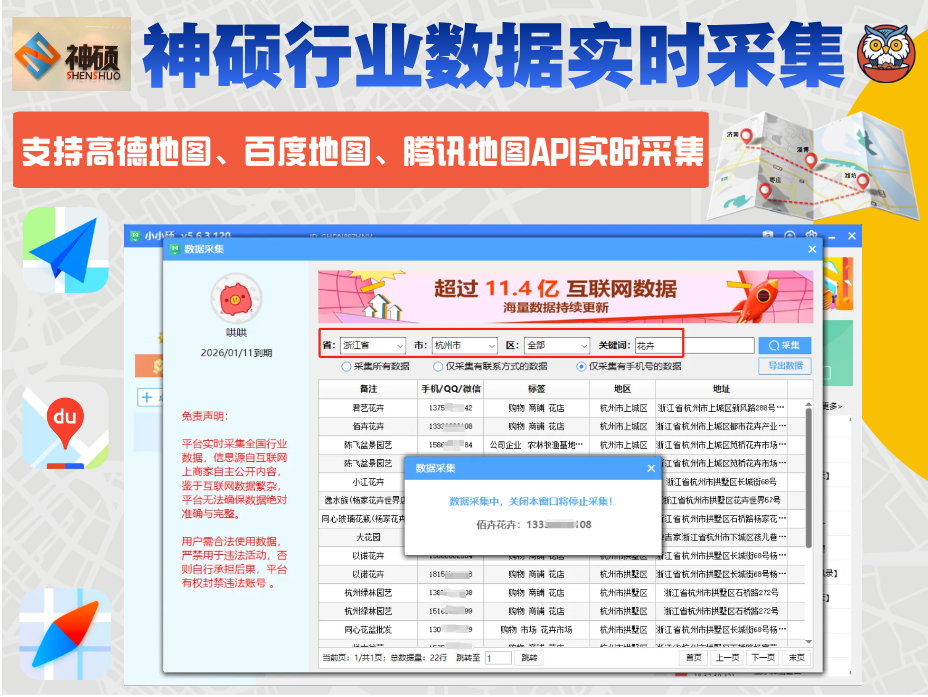 神硕行业数据实时采集(正版)-已接入高德,百度,腾讯地图API接口|实时采集全国行业商家数据|可采集手机号